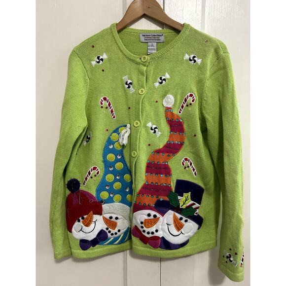 Vintage Christmas Sweater Size M Green Button Up Cardigan Snowmen Candy Cane - Picture 1 of 6